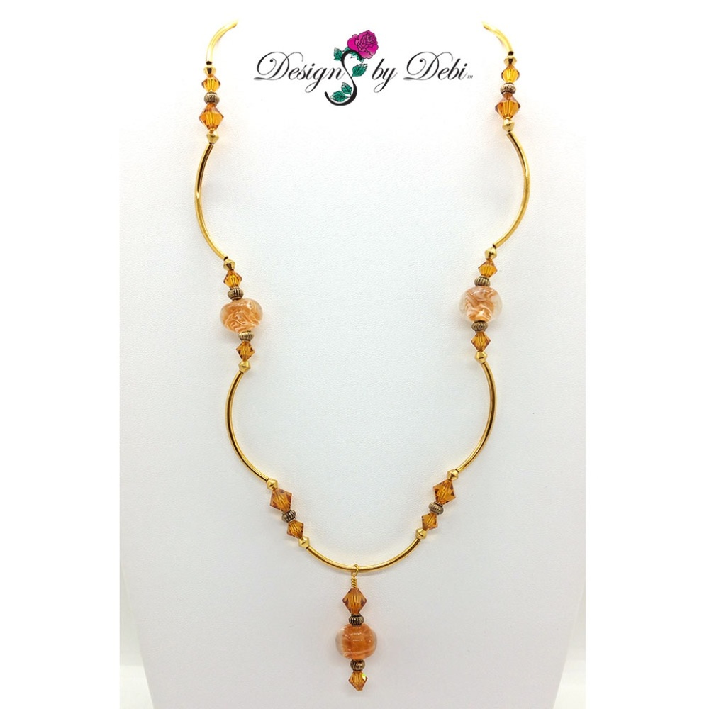 Caramel Swirled Glass& Topaz Crystal Gold Necklace